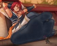 drawing small_man color clothed small_woman cleavage anime low_angle smiling socks red_hair short_hair sitting looking_down between_toes outdoors stretching stuck legs_crossed struggling tabi_socks winking looking_at_tiny one_eye_closed thunderafterdark alkaid .hack// haseo atoli