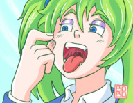 drawing giantess vore long_hair tongue green_hair twintails shrunken_man open_mouth no_background shrink_high bonobobo erika_(shrink_high)
