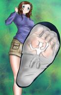 drawing feet color blue_eyes clothed soles brunette low_angle in_shoe socks short_hair shorts entrapment point_of_view white_socks inside_sock no_background sock_entrapment bare_legs uroboros3 nadine
