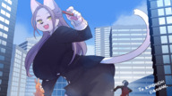 giantess furry wolf cat city bunny playful huge_breasts crawling looking_down holding_vehicle office_suit kindaichi109 yuu_bit-yuan dangan