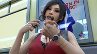 small_man black_hair clothed handheld glasses asian short_hair sitting resident_evil makeup looking_at_tiny ada_wong digital_render leon_kennedy in_fist celton biting_glasses
