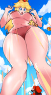 bikini breasts drawing growth giantess blonde color long_hair blue_eyes beach mario princess_peach huge_breasts low_angle surprised crown looking_down clouds sky point_of_view looking_at_tiny bare_legs gtsleuth mega_mushroom