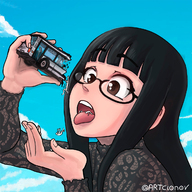 drawing vore long_hair handheld glasses bus open_mouth artclonov beatricegiganta on_tounge