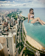 giantess collage city long_hair clothed beach sitting looking_down outdoors braid kyoujingirls