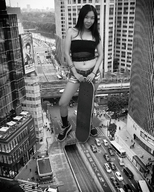 giantess collage city black_hair long_hair clothed outdoors skateboard kyoujingirls
