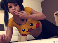 vore black_hair large_breasts long_hair lying_down running tinies digital_render covering_mouth bare_midriff innocent_owl