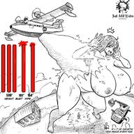 drawing giantess nude monochrome long_hair huge_breasts airplane ddrawing covering_up just-add-water