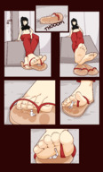 drawing feet black_hair color clothed toes barefoot soles low_angle smiling looking_down flip_flops orange_eyes point_of_view jj-psychotic looking_at_tiny smirking yuuko
