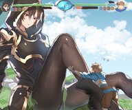 drawing small_man blonde color armor giant male clothed anime brunette tights short_hair unknown_artist sitting outdoors source_needed bangs hood looking_at_tiny granblue_fantasy gran hugging_foot sandalphon