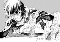 drawing small_man monochrome armor giant male clothed anime smiling lying_down short_hair between_fingers bangs no_background looking_at_tiny granblue_fantasy gran hand_play sandalphon sonic240