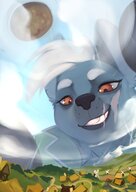 drawing white_hair landscape furry anthro color buildings hyena low_angle smiling glass town village looming looking_down mountains clouds jar shrunken_city mohawk trees in_jar hills scar looking_at_tiny kerneldecoy
