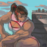 drawing small_man city color large_breasts clothed cleavage buildings anime brunette smiling ponytail sitting muscles clouds outdoors thick_thighs chinese_dress looking_at_tiny bare_legs cuteanimabutton