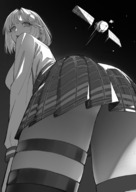drawing giantess space monochrome butt skirt short_hair bending_over looking_back bump amelia_watson hololive pleated manamachii