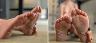 nude feet small_man toes barefoot soles foot_worship sitting indoors crouching foot_slave panels digital_render flagg3d hugging_foot