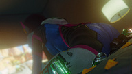 small_man long_hair clothed butt_crush brunette low_angle sitting can food indoors looking_away under_butt struggling headset digital_render flagg3d overwatch d.va reaper chips skintight_clothing doritos sitting_on_tiny