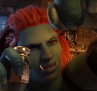vore large_breasts long_hair butt small_woman handheld smiling red_hair blue_skin dangle salt indoors monster_girl braid troll jetslasher imminent_vore struggling thick_thighs implied_vore looking_at_tiny digital_render tusks
