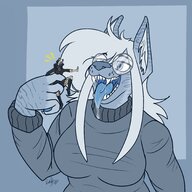 drawing white_hair vore furry anthro dog color long_hair tongue clothed small_woman handheld glasses saliva hyena smiling scared canine open_mouth between_fingers unwilling imminent_vore sharp_teeth looking_at_tiny dahlular