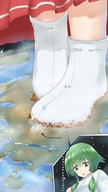 drawing giantess earth space color destruction clothed planet green_eyes socks green_hair dress looking_down japanese_text white_socks tabi_socks shrink_high nz sakutooyama apprentice_miko