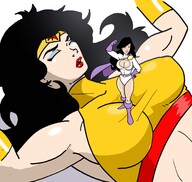 breasts drawing giantess mega black_hair color large_breasts long_hair cleavage giganta gloves boots muscles fighting flexing costume lois_lane wonder_woman closed_eyes cape top belt leotard bracelet tiara hands_on_hips power_girl no_background inspector97 dc_comics on_breasts bare_legs bare_midriff fusion earthbreaker