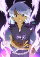 drawing white_hair color armor male clothed handheld shrinking anime knight smiling short_hair shrunken_woman dark_skin magic wizard floating no_background looking_at_tiny ramsusxiii nanaura_nana