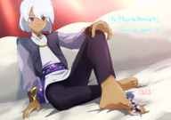 drawing white_hair feet color armor male clothed toes soles bed anime knight smiling short_hair foot_worship sitting shrunken_woman dark_skin foot_slave wizard legs_crossed hugging_toe looking_at_tiny ramsusxiii nanaura_nana