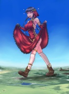 drawing giantess giga city black_hair color large_breasts destruction clothed ochiko_terada buildings anime smiling gloves foot_crush heart walking foot_print shoe_crush outdoors jewelry raised_foot bangs kneesocks imminent_crush rage_of_bahamut gunnlod lifting_dress
