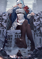 drawing white_hair feet city color long_hair destruction small_woman toes buildings soles anime stockings low_angle smiling sitting uniform looming looking_down outdoors legs_crossed bangs sitting_on_building debris heterochromia bear_girl wiggling_toes 100percentlucky arknights rosa_(arknights) zima