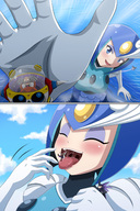drawing vore color tongue robot blue_eyes mouth handheld saliva mermaid high_angle scared short_hair hand reach point_of_view megaman helmet looking_at_tiny thedaibijin splash_woman saliva_strands dr._wily