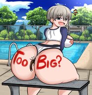 drawing large_breasts brunette smiling short_hair sitting pool outdoors looking_back big_butt thick_thighs between_buttcheeks darbooart