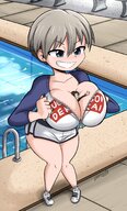 drawing cleavage huge_breasts brunette smiling short_hair pool shrunken_man looking_down outdoors between_breasts darbooart