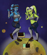 breasts drawing growth giantess giga alien space color large_breasts butt armor destruction planet rampage cleavage bra green_eyes brown_eyes moon foot_crush blue_skin star_wars cruel giantesses pants tentacles tattoo belt headband bracelet green_skin cosmic_giantess bare_midriff foot_prints hera_syndulla aayla_secura jedi ameliaafterdark nal_hutta Destruction lekku twilek