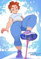 drawing long_hair brunette ponytail looking_down annoyed gum stuck_to_shoe thick_thighs no_background spittyart cheyenne_(spittyart)