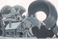 drawing gentle giantess panties furry blushing tail upskirt monochrome long_hair butt destruction clothed christmas snow houses outdoors hat santa_costume stuck looking_back trees fence my_little_pony horn pinkie_pie rarity on_butt sweat_drop ncmares yohomeboync yohomeboyraps cutie_mark