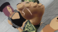 feet small_man clothed toes barefoot soles anime military smiling sitting foot_play between_toes indoors nail_polish raised_foot sharp_teeth looking_at_tiny 5nbe digital_render beret one_eye_covered bare_midriff