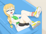 drawing feet blonde color long_hair blue_eyes clothed glasses shoes socks pink_hair lying_down laughing entrapment indoors tickle closed_eyes sofa white_socks sock_entrapment shoe_entrapment erusa exaspirit lisette