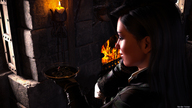 giantess giga black_hair long_hair clothed handheld barefoot multiple_sizes smiling shrunken_woman looking_down indoors shrunken_city fireplace digital_render the_witcher ciri yennefer render-farmer