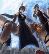 drawing furry cat anthro city dog black_hair color clothed cleavage buildings glasses brunette low_angle smiling dress short_hair explosion looming fighting looking_down giantesses outdoors crouching missiles point_of_view looking_at_viewer hair_bun bare_legs hesitate_(artist)