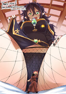 drawing panties small_man black_hair color long_hair clothed anime low_angle smiling sitting looming between_legs fangs fishnets looking_down indoors legs_spread lifting_skirt looking_at_tiny pointed_ears messy_hair arukarifurin