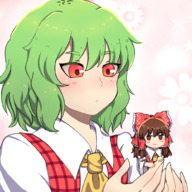 drawing blushing color long_hair clothed small_woman handheld anime touhou brunette green_hair short_hair bow hair_bow in_palm reimu_hakurei yuuka_kazami no_background looking_at_tiny lanalopez92