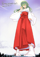 drawing giantess blushing color long_hair clothed small_woman shrinking anime low_angle socks green_hair looking_down outdoors bangs shrine_maiden tabi_socks covered_eyes shrink_high arukarifurin apprentice_miko