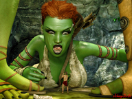 feet small_man toes cleavage red_hair lying_down short_hair sandals giantesses straps outdoors tattoo nail_polish orc monster_girl licking_lips imminent_vore scar implied_vore green_skin looking_at_tiny digital_render tusks orc_girl johnnyscribe