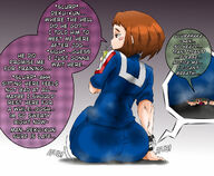 drawing color butt clothed butt_crush brunette sweat brown_eyes short_hair sitting drink unaware rear_view steam no_background my_hero_academia ochako_uraraka gtstamago