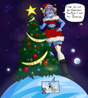 breasts drawing growth giantess giga alien space color large_breasts planet cleavage purple_hair yellow_eyes christmas moon socks boots shorts blue_skin star_wars snow santa_costume top belt dialogue hands_on_hips christmas_tree santa_hat scarf cosmic_giantess cutaway bare_midriff pantoran senator riyo_chuchi ameliaafterdark tauntaun hoth