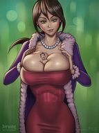 drawing long_hair clothed huge_breasts brunette smiling ponytail shrunken_man looking_down necklace no_background squeezing_breasts between_breasts