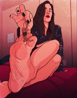 drawing feet small_man color long_hair clothed handheld toes barefoot soles brunette foot_worship sitting dangle lipstick between_toes indoors foot_slave looking_at_tiny bare_legs one_eye_covered ozzidevs