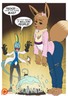drawing pokemon furry tail anthro city color destruction clothed toes barefoot glasses shrinking ribbon brown_eyes yellow_eyes sandals blue_skin parody looking_down shrunken_city superman eevee ripped_clothing dialogue bell no_background spokle chest_tuft intonyeon tonya inteleon brown_fur