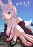 breasts drawing white_hair giga tail city color long_hair destruction blue_eyes purple_hair smiling fox_ears lying_down short_hair hand looking_down mountains fingers clouds outdoors sky nail_polish manicure point_of_view migihidariue cracked_earth