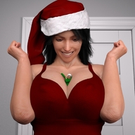 gentle large_breasts green_eyes brunette christmas dress shrunken_man breast_play hat santa_costume looking_at_tiny digital_render galiagan