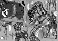drawing small_man comic monochrome butt armor clothed handheld buildings butt_crush anime sequence knight story mini_giantess bending_over fighting cruel mask dangle outdoors japanese_text dialogue panels smack helmet thick_thighs kiyoshi2431 flatten