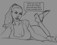 drawing feet monochrome long_hair clothed small_woman toes barefoot cleavage soles domination story ponytail lying_down bondage teasing looking_back dialogue tied_to_foot raised_feet no_background looking_at_tiny human_footwear moyg00n